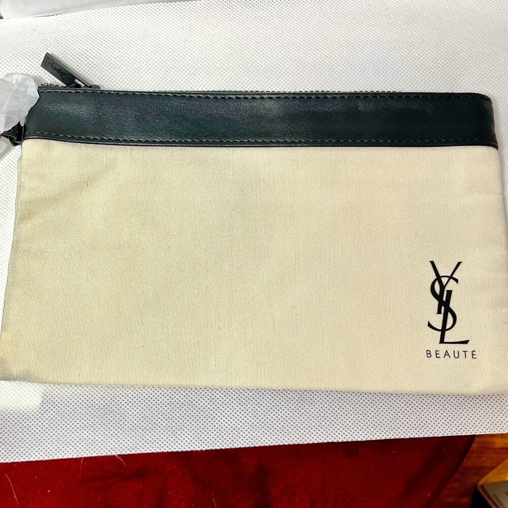 YSL Beaute Cosmetic Bag Pouch Wristlet NWT Beige Black